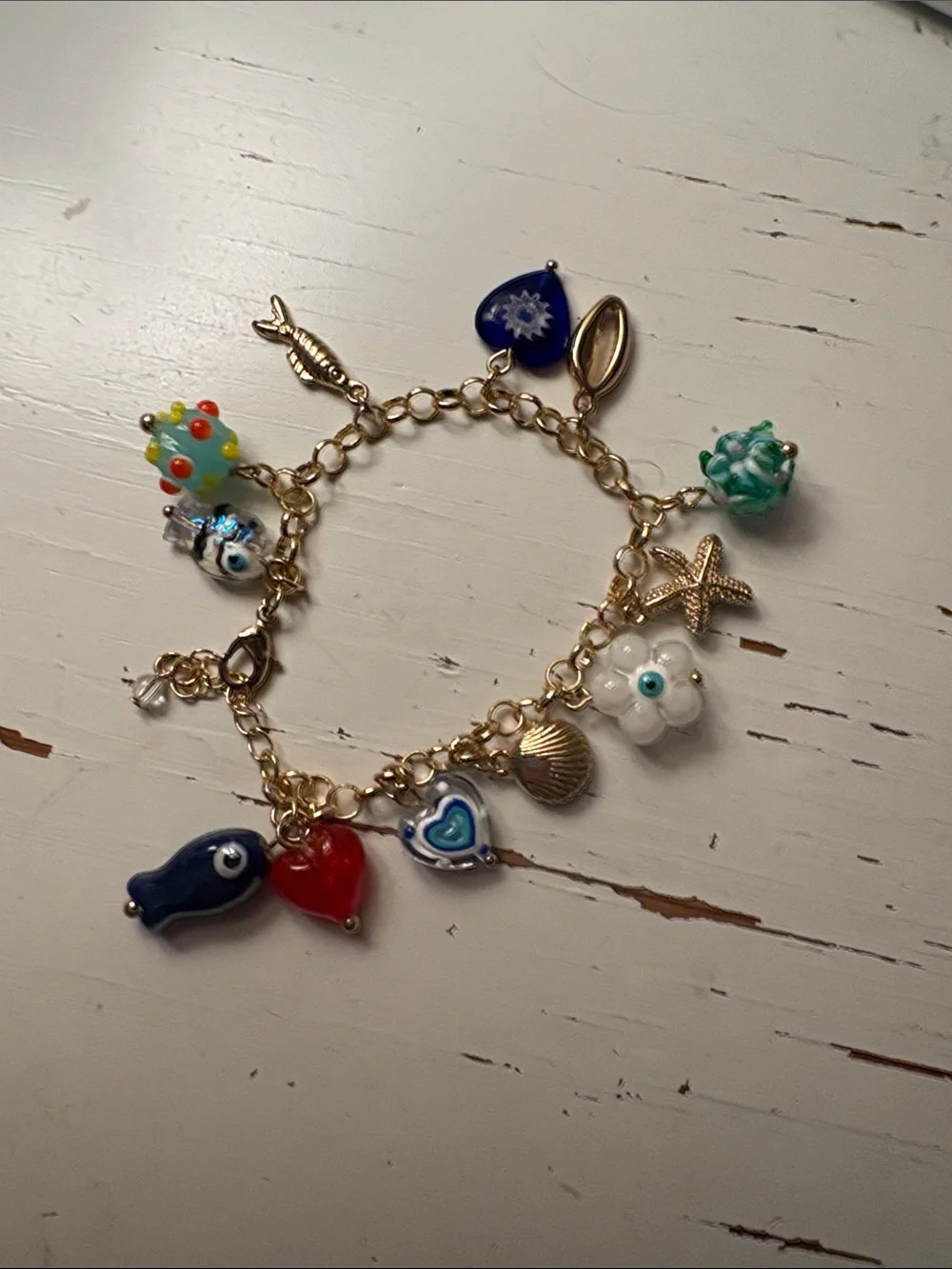 Gold Tone Beach Charm Bracelet with Colorful Glass Beads